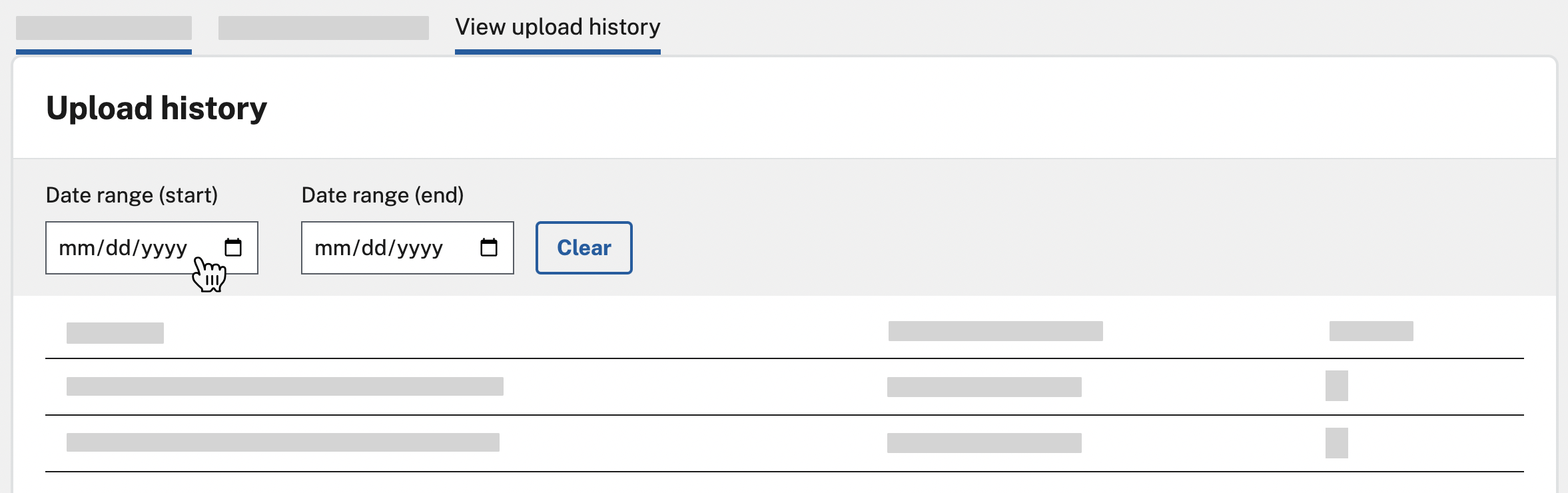 SimpleReport's view upload history tab under the main navigation