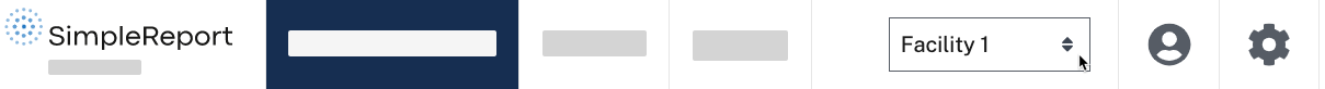 The top navigation of Simple Report, with the mouse hovering over the facility selection box on the right side